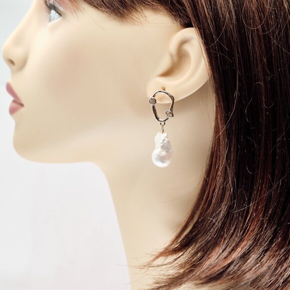 Baroque Flameball Pearl Earrings, 14K Gold Filled Abstract CZ Studs - Picture 6 of 9